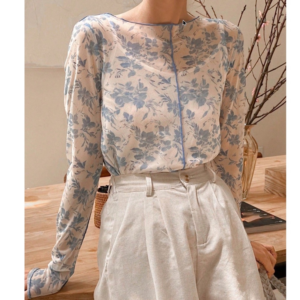 Blue Floral Sheer Long Sleeve Tee